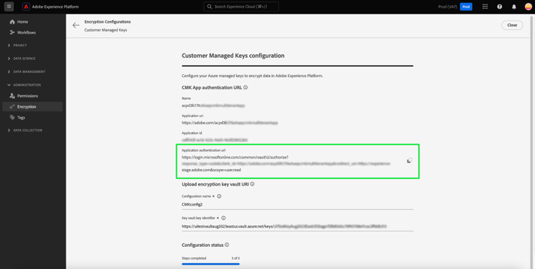 de Customer Managed Keys configuration mening met de benadrukte sectie van de de authentificatieurl van de Toepassing.