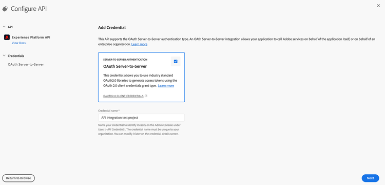 Selecteer de OAuth Server-aan-Server authentificatiemethode voor het Experience Platform API.