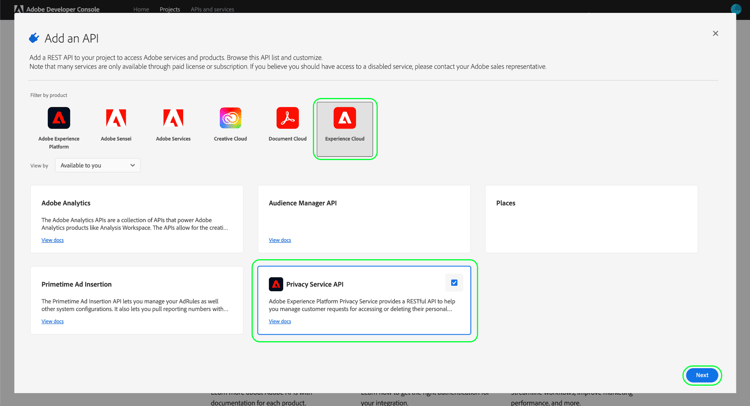 de Privacy Service API kaart die van de lijst van beschikbare APIs wordt geselecteerd