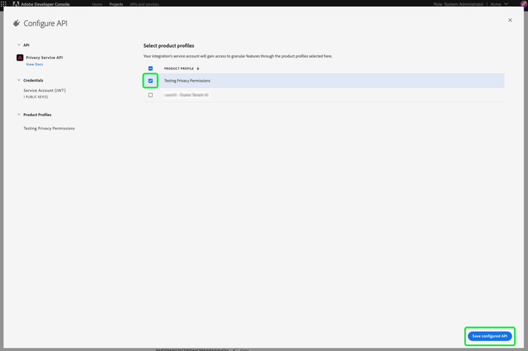 Het dialoogvenster API configureren in Adobe Developer Console met het selectievakje Productprofiel en geconfigureerde API opslaan gemarkeerd.