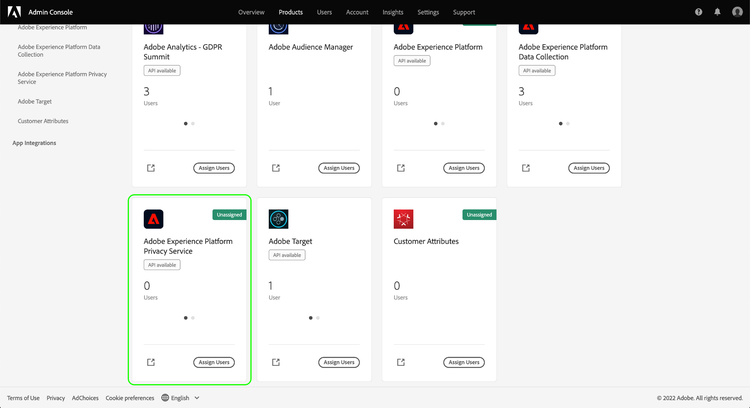 de Admin Console met de benadrukte kaart van het het productproduct van de Privacy Service.