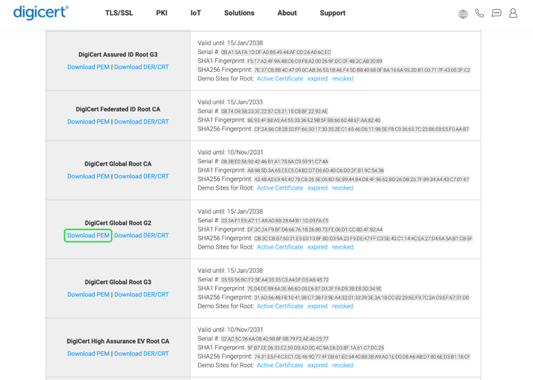 de lijst van beschikbare DigiCert wortelcertificaten met benadrukte Download PEM.