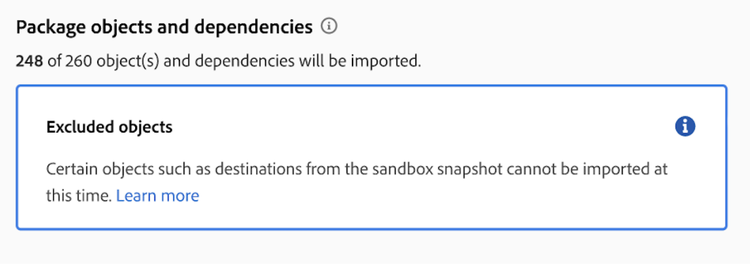 De Package object and dependencies op de pagina wordt het inline bericht weergegeven van objecttypen die niet worden ondersteund, markeren Import.