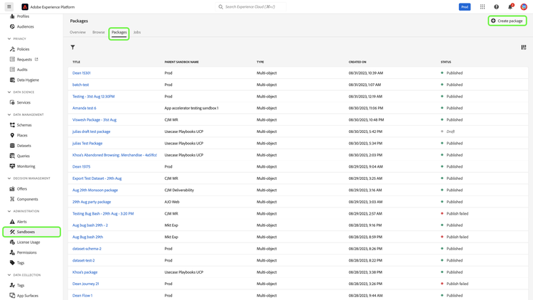 De Sandboxes Packages tabmarkering Create package.