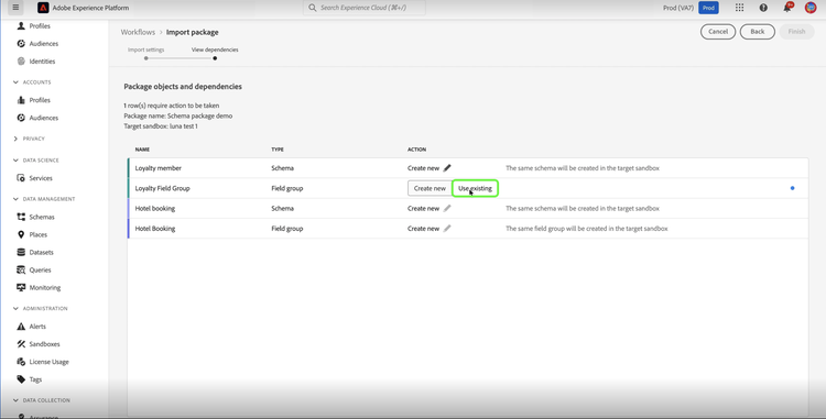 De Package object and dependencies pagina met opties voor afhankelijke objecten Create new en Use existing.