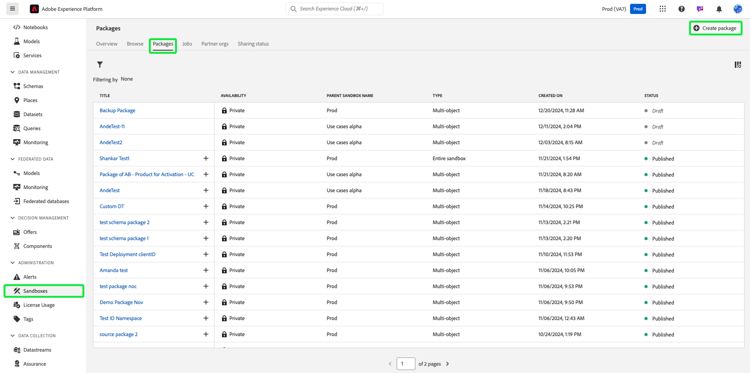 het pakketlusje in het zandbakendashboard met Create benadrukt pakket.