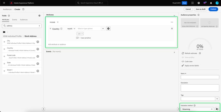 de segmentdefinitie wordt getoond. Het evaluatietype wordt benadrukt, die de segmentdefinitie tonen kan worden geëvalueerd gebruikend het stromen segmentatie.
