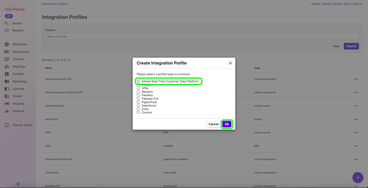 Het venster voor het maken van een integratieprofiel in de RainFocus-gebruikersinterface.