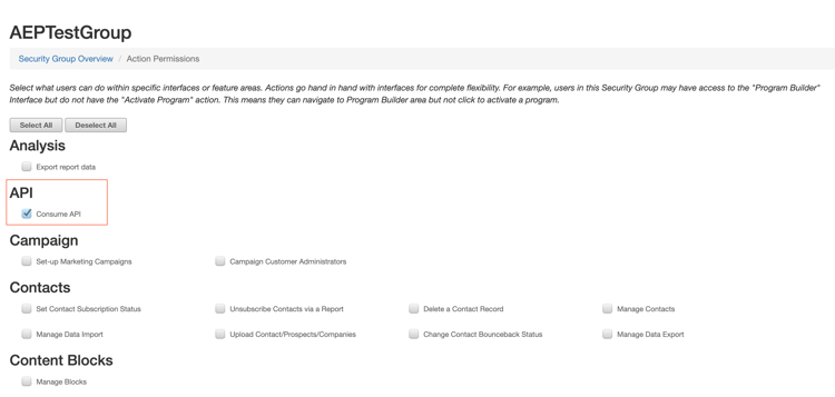 het selectievenster voor consume API