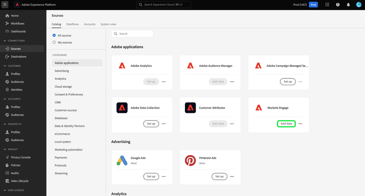 De broncatalogus op Experience Platform UI met het geselecteerde Marketo Engage bron.