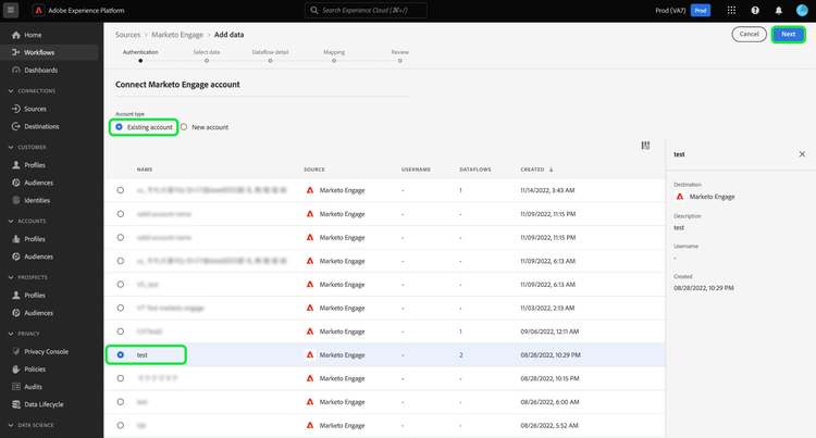 De bestaande accountinterface waarin u een bestaande Marketo-account kunt selecteren.