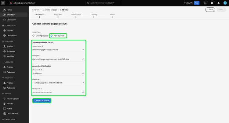 De nieuwe accountinterface voor het verifiëren van een nieuwe Marketo-account.