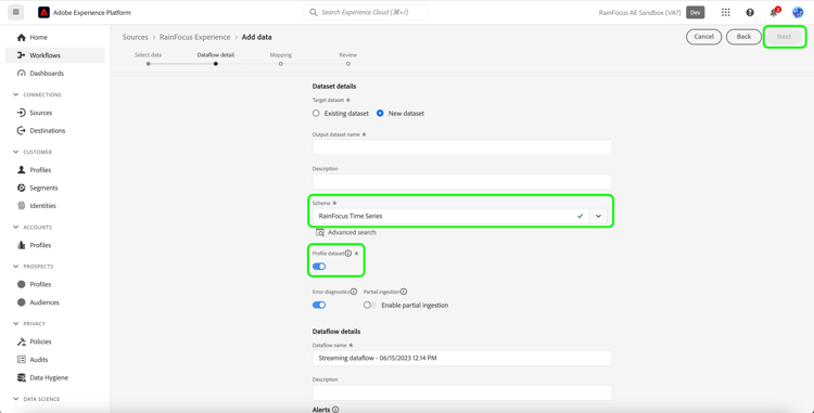 de dataflow detailstap van het bronwerkschema.