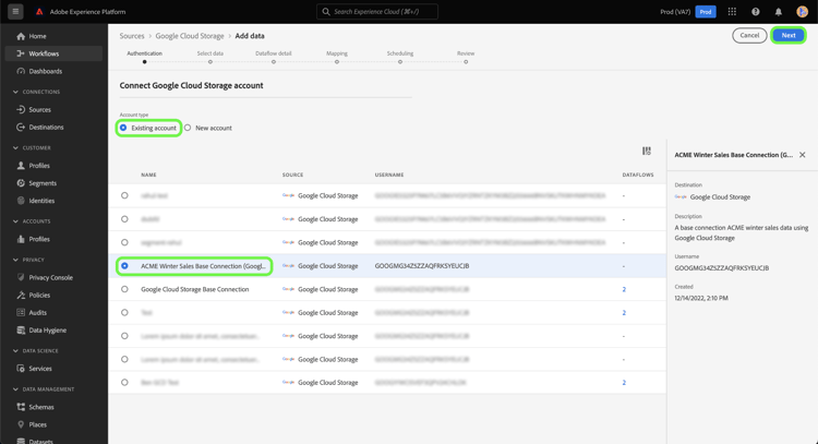 het scherm UI van Experience Platform die de bestaande rekeningspagina voor een bron van de Opslag van de Wolk van Google toont