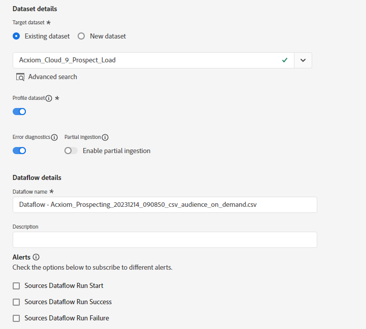 De interface van de dataflow-detailconfiguraties.