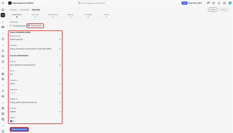 de nieuwe rekeningsinterface in het bronwerkschema om met AWS te verbinden.