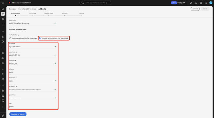 de nieuwe rekeningsinterface in het bronwerkschema, sleutel-paar geselecteerde authentificatie