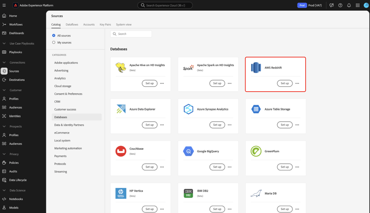 de broncatalogus van bronnen met de AWS Redshift geselecteerde bronkaart.