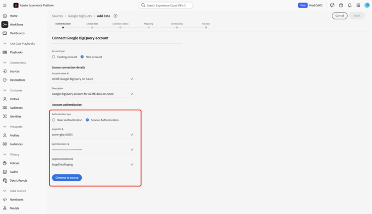 de nieuwe rekeningsinterface waar de dienstauthentificatie wordt geselecteerd.