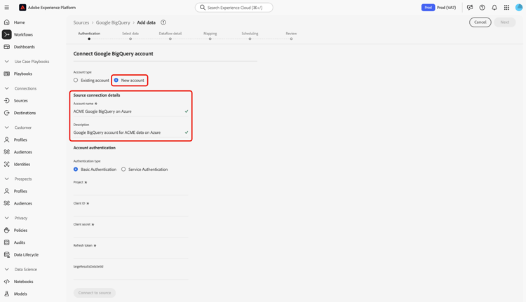 de nieuwe rekeningsinterface in het bronwerkschema.