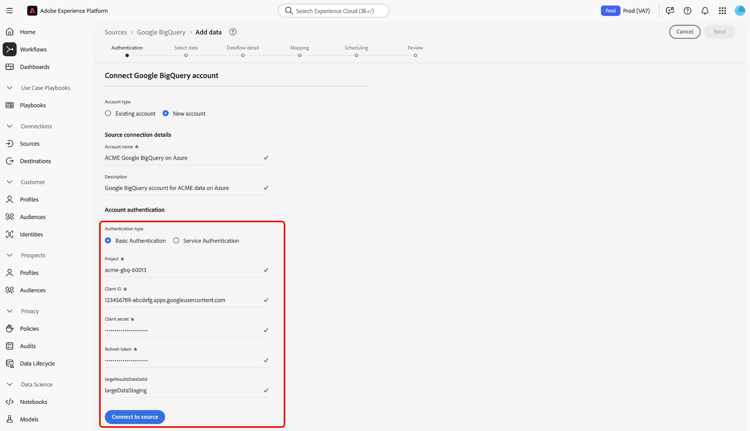 de nieuwe rekeningsinterface waar de basisauthentificatie wordt geselecteerd.