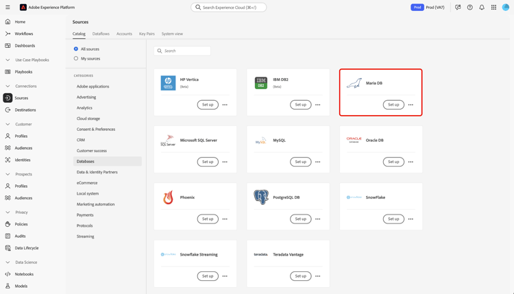 de broncatalogus in UI met geselecteerde kaart MariaDB.