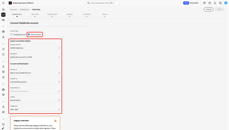 de nieuwe rekeningsinterface in het bronwerkschema met een rekeningsnaam en facultatieve verstrekte beschrijving.