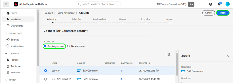 Platform UI screenshot om SAP Commerce-account te verbinden met een bestaande account