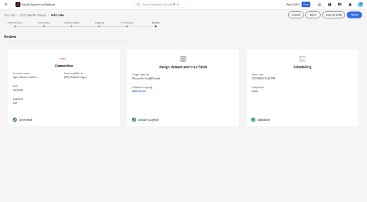 de overzichtsinterface die een samenvatting van de dataflow configuratie vóór voltooiing toont.