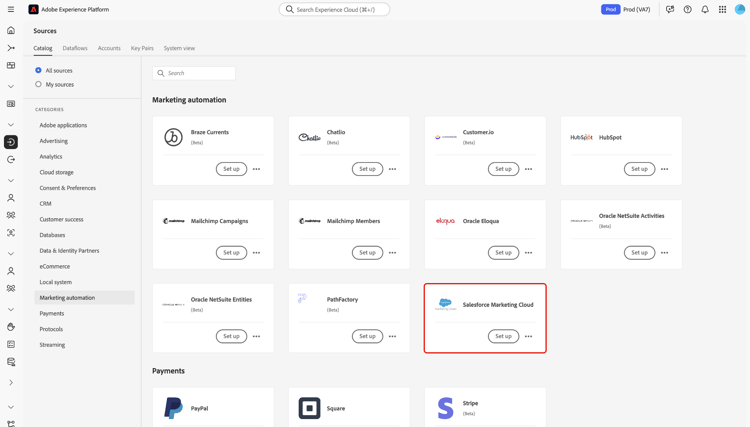 de broncatalogus van bronnen met de Salesforce Marketing Cloud geselecteerde bronkaart.