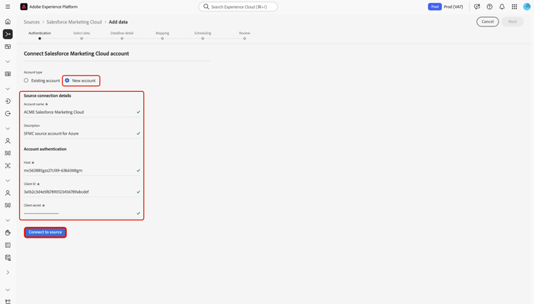 de nieuwe rekeningsinterface in het bronwerkschema voor verbinding aan Experience Platform op Azure.