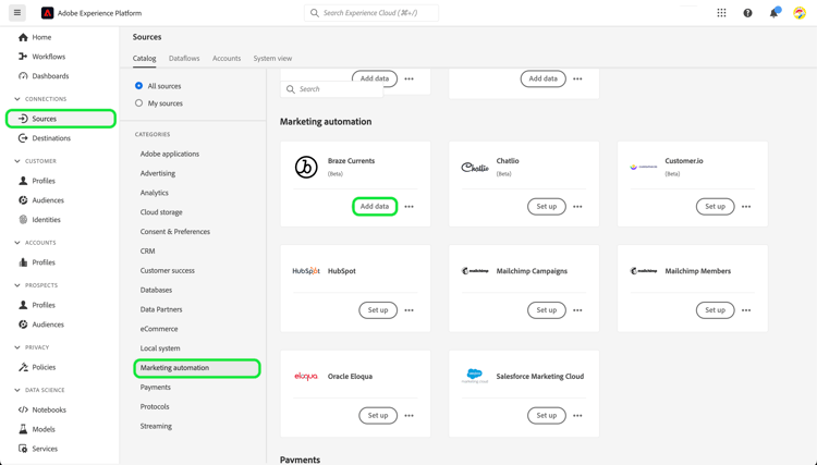 de broncatalogus op Experience Platform UI met de Bron van de Stroom geselecteerde Bron van Huidige.