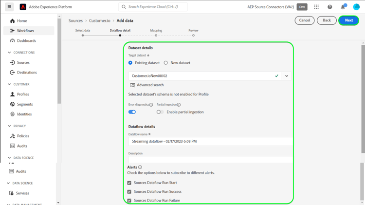 dataflow-detail stap van het bronwerkschema.