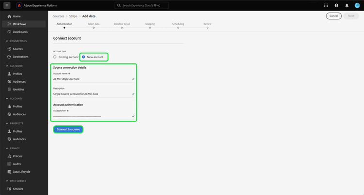 De nieuwe interface voor het maken van accounts van de workflow voor bronnen.