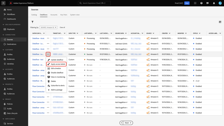 dataflows pagina in bronnen met de Apply toegangsetikettengeselecteerde optie.