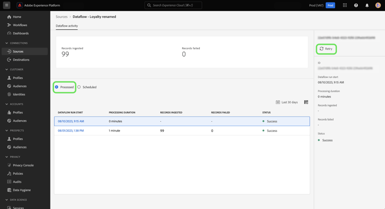 een lijst van verwerkte stroomlooppas voor een geselecteerde dataflow.