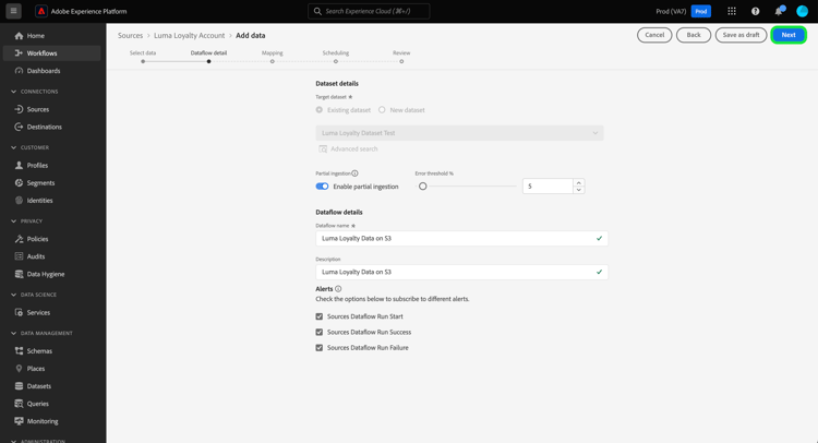 de dataflow detailstap van het bronwerkschema.