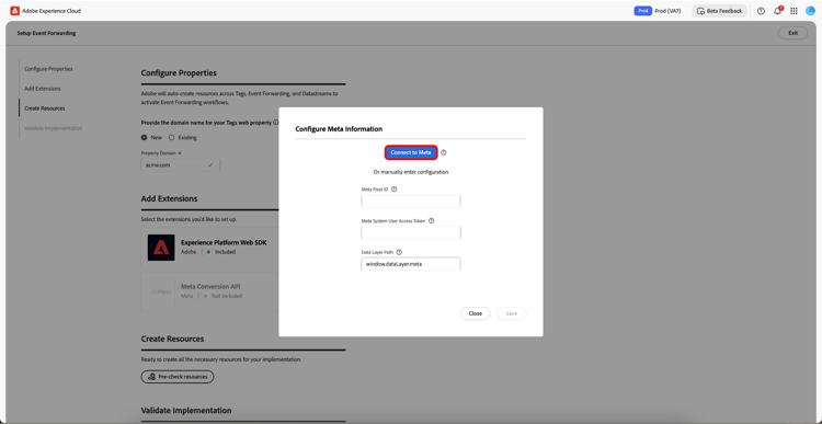 vorm de pagina van de Informatie van Meta die Connect aan de optie van Meta toont