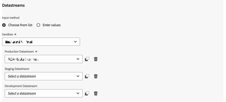 Beeld dat de configuratie van Datastreams van de de markeringsuitbreiding van Adobe Content Analytics in de Markeringen UI