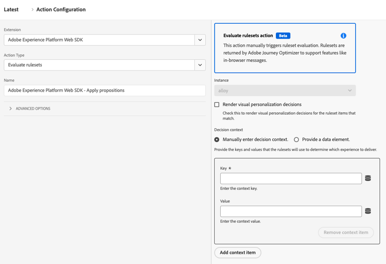 Beeld van het gebruikersinterface die van het Experience Platform het Evaluate type van de liniaalreactie toont.