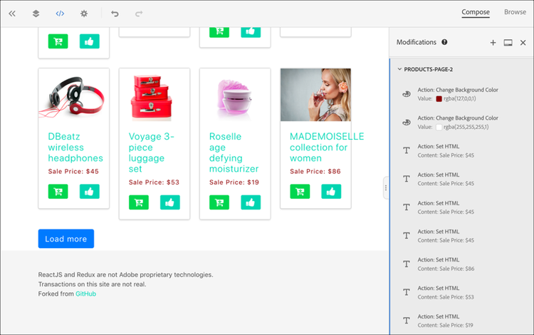 Voorbeeldpagina van Visual Experience Composer met productlabels.