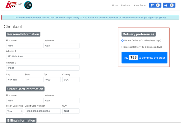 Voorbeeldafbeelding van een toepassing van één pagina in een browservenster, met A/B-tests.