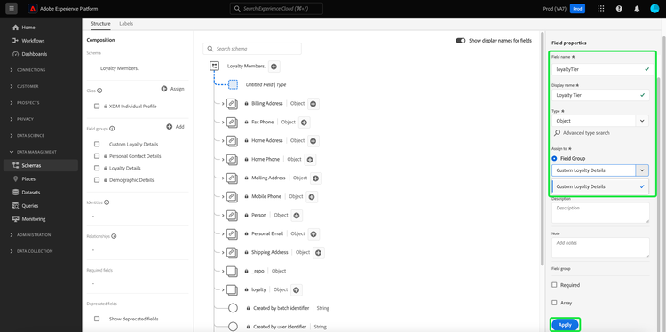 De Schema-editor met het object Loyalty Tier toegevoegd aan het schema Field properties gemarkeerd.