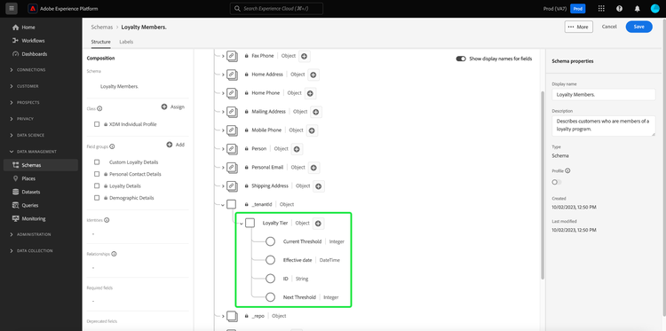 De Schema-editor met het object Loyalty Tier gemarkeerd.