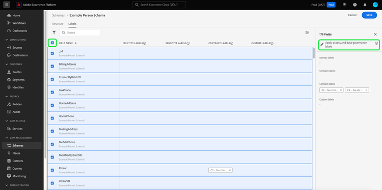 Selecteer de naam van het schema in het menu Labels tab