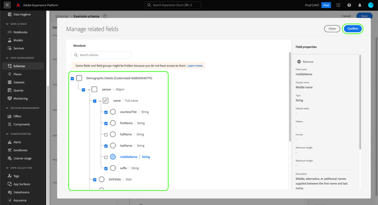 De Manage related fields met geselecteerde velden en Confirm gemarkeerd.