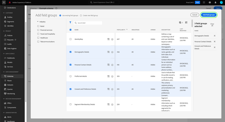 De Add field groups dialoog met geselecteerde veldgroepen en Add field groups gemarkeerd.