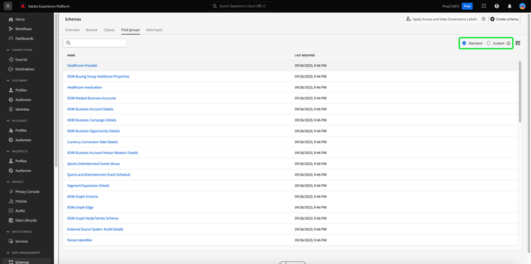 De Field groups tabblad van het Schemas werkruimte met Standard en Custom gemarkeerd.
