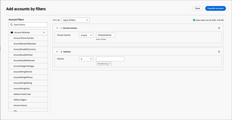 ​ Filters toevoegen om de accountlijst te vullen ​