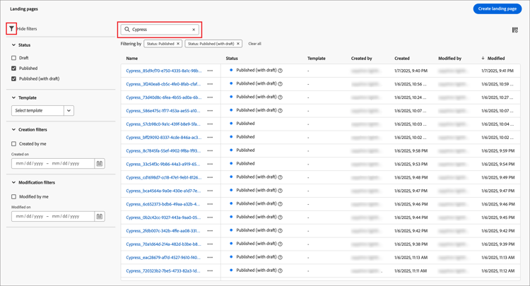 ​ filter de getoonde het landen pagina's ​